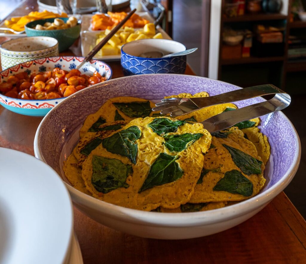 chickpea flour omelette served at plant based yoga retreat